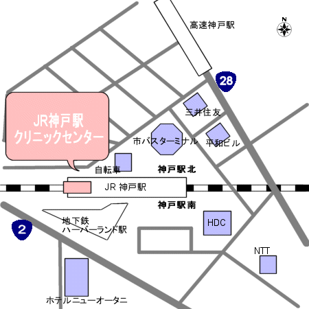 地図：ハーバーランド駅・ホテルニューオータニ・高速神戸駅・２号線・２８号線・阪神高速　神戸線